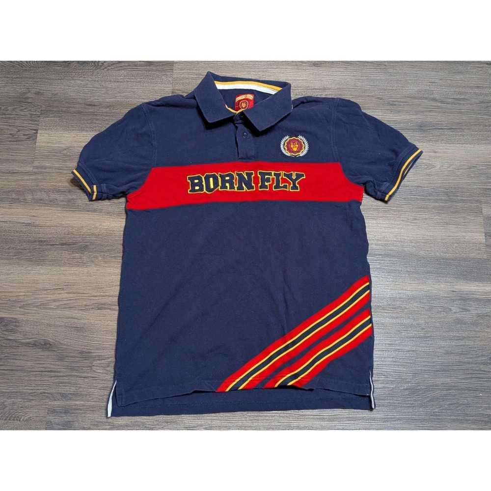 Born Fly Mens Polo Shirt Navy Blue Red Large Anytown USA Short Sleeve Pique L